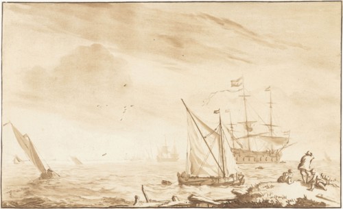 Warship at the beach, Jurriaan Cootwijck, Ludolf Bakhuysen, 1724-1798