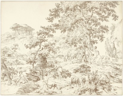 Arcadian landscape with foot bathing woman, Hermanus Fock, 1781 - 1822