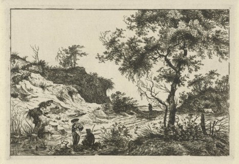 Dune landscape with a large tree, a woman at a pool and a seated man, a man on the track, print