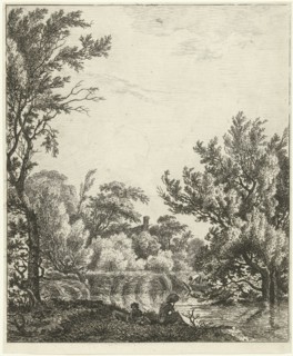 Landscape with woman at waterfront, print maker: Hermanus Fock, 1781 - 1822