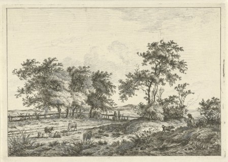 In a pasture with sheep are two people in the background at a gate, in the foreground a dog with a