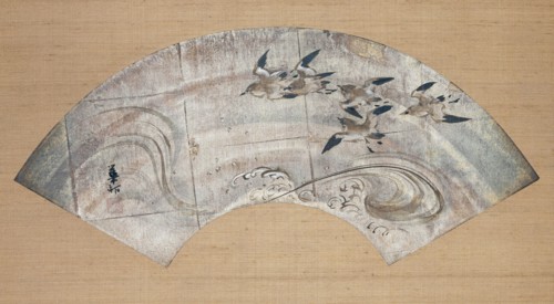 Plovers in flight, Suzuki Kason, scroll painting, a fan painting
