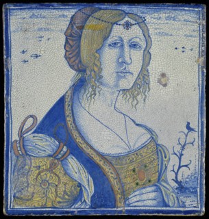 Tile with Portrait of a woman, originally used as a brick in the house Wijnhaven 16 in Delft The