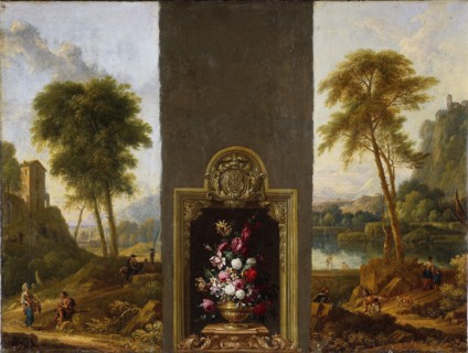 Flower still life in frame with monogram, attributed to Willem Hendrik Wilhelmus van Royen, c. 1690