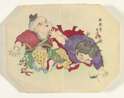 Two children looking at grasshopper, Kawanabe KyÃ´sai, 1880 - 1890