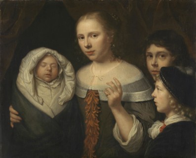 Portrait of a young woman with three children, attributed to Wallerant Vaillant, 1650 - 1677