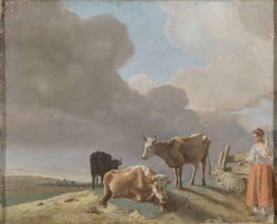 Landscape with cows , sheep and shepherdess, modified copy of a painting of Paulus Potter, the