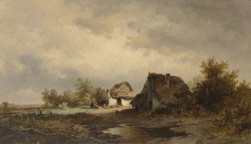 Landscape with cabins on the heath, Remigius Adrianus Haanen, 1830 - 1894