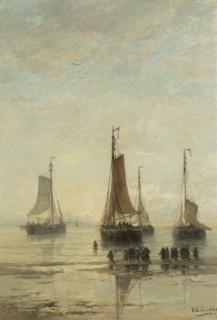 Scheveningse bommen anchored, Hendrik Willem Mesdag, 1860 - 1889, fishing boats
