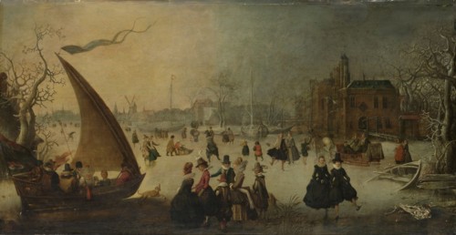 Landscape with a frozen Canal, Skaters and an Ice Boat (Winter Entertainment), Adam van Breen, 1611