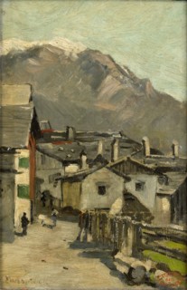 Houses on a road, behind a high mountain (Innsbruck?), Geo Poggenbeek, c. 1882
