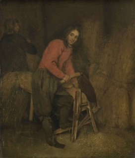 Trimming bales of hay, attributed to Caspar Netscher, 1660 - 1684