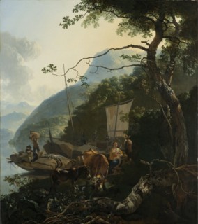 Boatmen Moored on the Shore of an Italian Lake Italy, Adam Pijnacker, 1650 - 1670