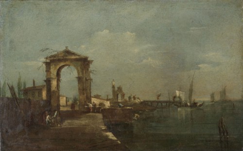 Landscape with a Quay and Ships on a Lake, view of the Banks of the Brenta Canal in Venice Italy,