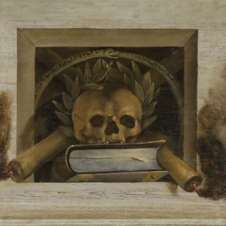 Vanitas Still Life with Scull with Laurel Wreath and two Burning Candles, Jacob van Campen, 1645 -