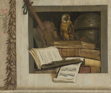 Still Life with Books, Sheet Music, Violin, Celestial Globe and an Owl, Jacob van Campen, 1645 -