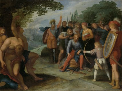 After the Fall of Vetera Castra Claudius Civilis has his hair cut while his son shoots some