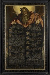 The Tablets of the Law of the Ten Commandments in calligraphy shown by Moses, Anonymous, c. 1560
