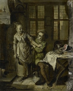 Gallant Scene in a Kitchen Interior, Willem Joseph Laquy, 1780 - 1798