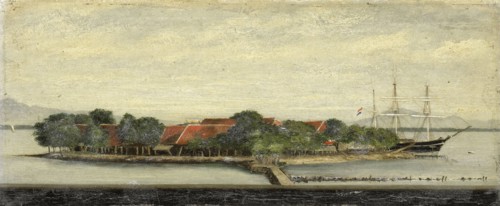 View of the island Kuiper in the bay of Batavia Jakarta Indonesia, Jacob Pieter Mercier, 1855 -