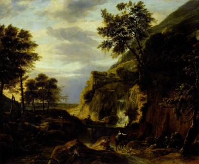 Mountainous landscape with waterfall, Roelant Roghman, 1650 - 1692