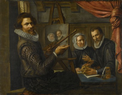 The Painter in his Studio Painting the Portrait of a Married Couple, Herman van Vollenhoven, 1612