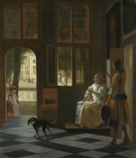 Man Handing a Letter to a Woman in the Entrance Hall of a House, Pieter de Hooch, 1670