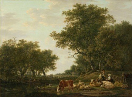Landscape with Peasants with their Cattle and Anglers on the Water, Jacob van Strij, 1800 - 1810
