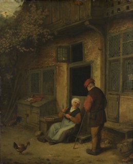 A woman gutting herring in front of her house, copy after Adriaen van Ostade, c. 1650 - c. 1700
