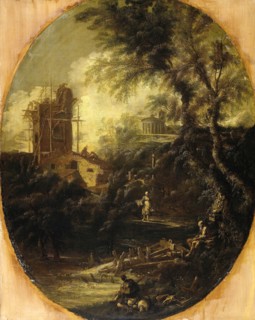 Landscape with Hermit, Pilgrim and Peasant Woman, attributed to Antonio Francesco Peruzzini, 1690 -