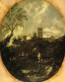 Landscape with Monks, Pilgrim and Peasant Woman, attributed to Antonio Francesco Peruzzini, 1690 -