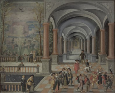 Festive Gathering and Figures from a Commedia dell'Arte in a Gallery, Monogrammist DB, 1634