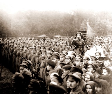 Review of the students from the Military academy. The banner reads: Long live the proletariat, the