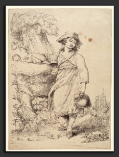 Mather Brown, Girl with a Pitcher, American, 1761 - 1831, c. 1805-1810, pen lithograph in black on