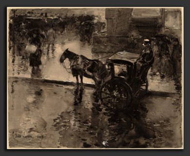 Childe Hassam, The Up-Tide on the Avenue, American, 1859 - 1935, probably 1890, black and gray wash