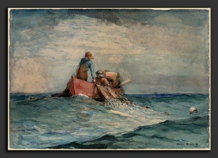 Winslow Homer, Hauling in the Nets, American, 1836 - 1910, 1887, watercolor over graphite