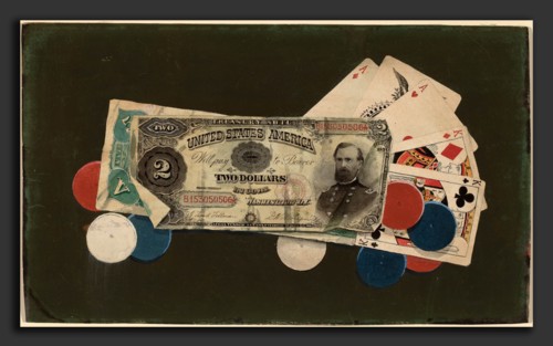 American 19th Century, Trompe l'Oeil: A Full House with Chips, $2 and $5 Bills, c. 1895, watercolor