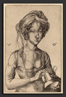 Urs Graf I after Martin Schongauer, A Bust Figure of a Foolish Virgin  Holding Her Inverted Lamp,