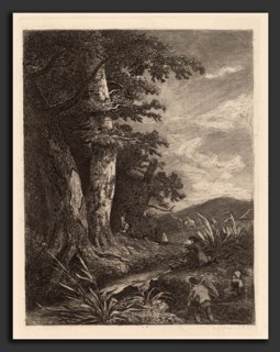 Alexandre Calame, Deer by a Stream, Swiss, 1810 - 1864, 1838, etching on chine collé