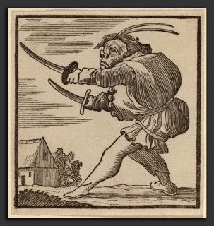 H. Numan after Jacques Callot (Dutch, 1728 - 1788), Hunchback Brandishing Two Swords, woodcut on