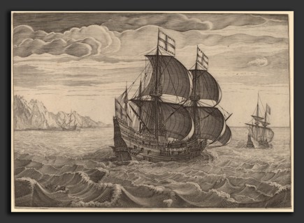 Follower of Pieter Bruegel the Elder, Ship in Full Sail with Two Flags, engraving