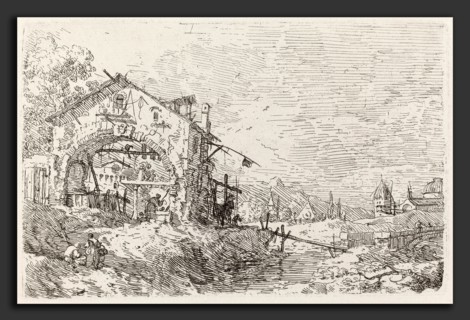 Canaletto (Italian, 1697 - 1768), Landscape with a Woman at a Well [lower left], c. 1735-1746,