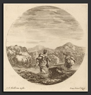 Stefano Della Bella (Italian, 1610 - 1664), Two Women Fording a Creek with a Herd of Cows, etching