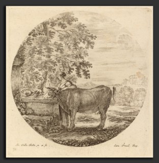 Stefano Della Bella (Italian, 1610 - 1664), Cow and Young Shepherd at a Fountain, etching on laid