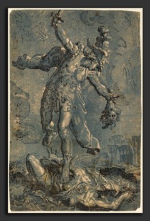 Italian 16th-17th Century after Marco Pino, Perseus, chiaroscuro woodcut printed in black and blue
