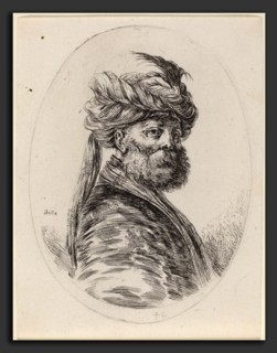 Stefano Della Bella (Italian, 1610 - 1664), Bearded Moor in a Feathered Turban with a Veil, Turned