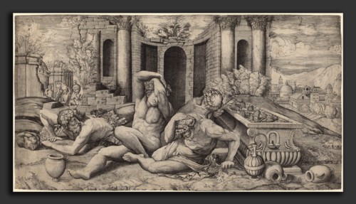 Master HFE (Italian, active first half 16th century), The Wine Bibbers, engraving