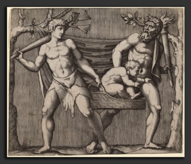 Marcantonio Raimondi (Italian, c. 1480 - c. 1534), Two Fauns Carrying a Child, engraving