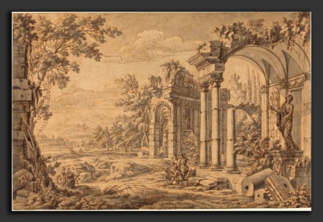 Johann Oswald Harms (German, 1643 - 1708), Landscape with a Draftsman among Ancient Ruins, 1670s,