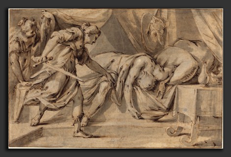 Hans von Aachen (German, 1552 - 1615), Judith and Holofernes, pen and brown ink  with brown and